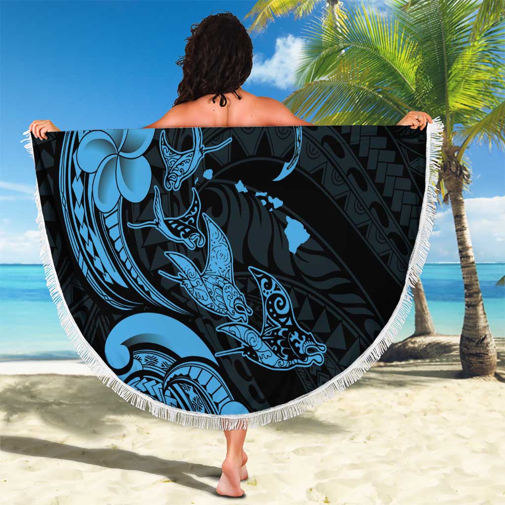 Hawaiian Manta Rays Beach Blanket Tribal Hibiscus Polynesian Tattoos Blue Color - Polynesian Pride