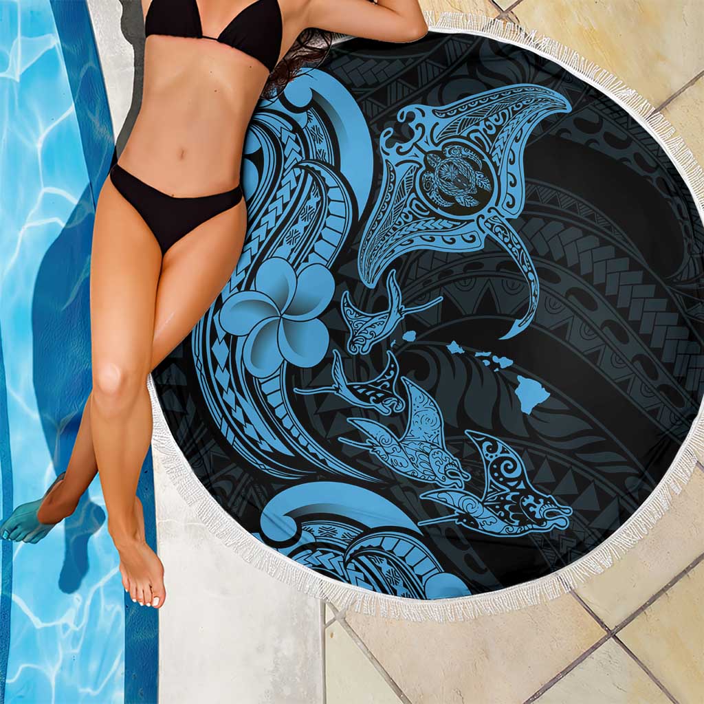 Hawaiian Manta Rays Beach Blanket Tribal Hibiscus Polynesian Tattoos Blue Color - Polynesian Pride
