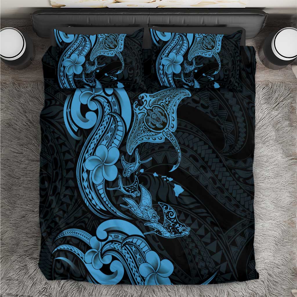 Hawaiian Manta Rays Bedding Set Tribal Hibiscus Polynesian Tattoos Blue Color - Polynesian Pride