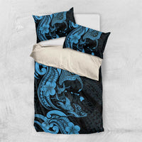 Hawaiian Manta Rays Bedding Set Tribal Hibiscus Polynesian Tattoos Blue Color - Polynesian Pride