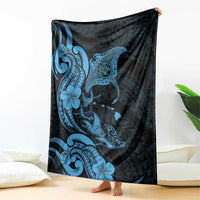 Hawaiian Manta Rays Blanket Tribal Hibiscus Polynesian Tattoos Blue Color - Polynesian Pride