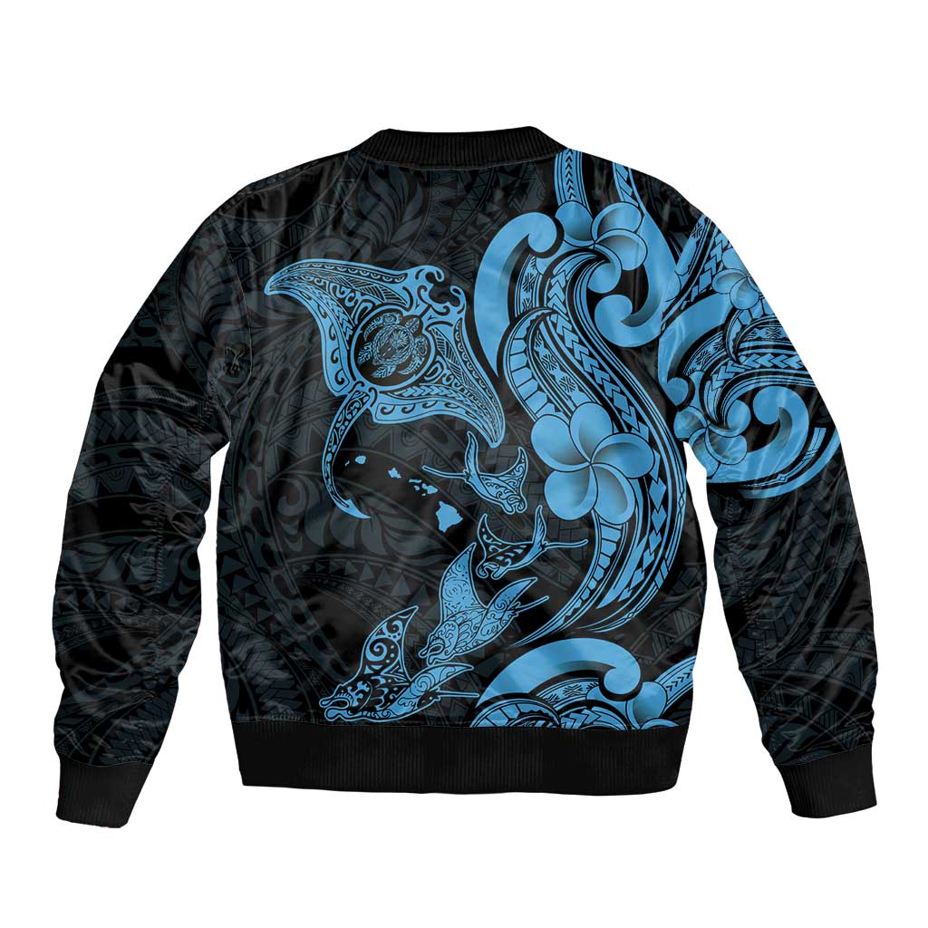 Hawaiian Manta Rays Bomber Jacket Tribal Hibiscus Polynesian Tattoos Blue Color - Polynesian Pride