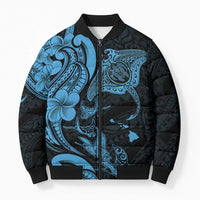 Hawaiian Manta Rays Bomber Puffer Jacket Tribal Hibiscus Polynesian Tattoos Blue Color - Polynesian Pride