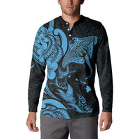 Hawaiian Manta Rays Button Sweatshirt Tribal Hibiscus Polynesian Tattoos Blue Color - Polynesian Pride