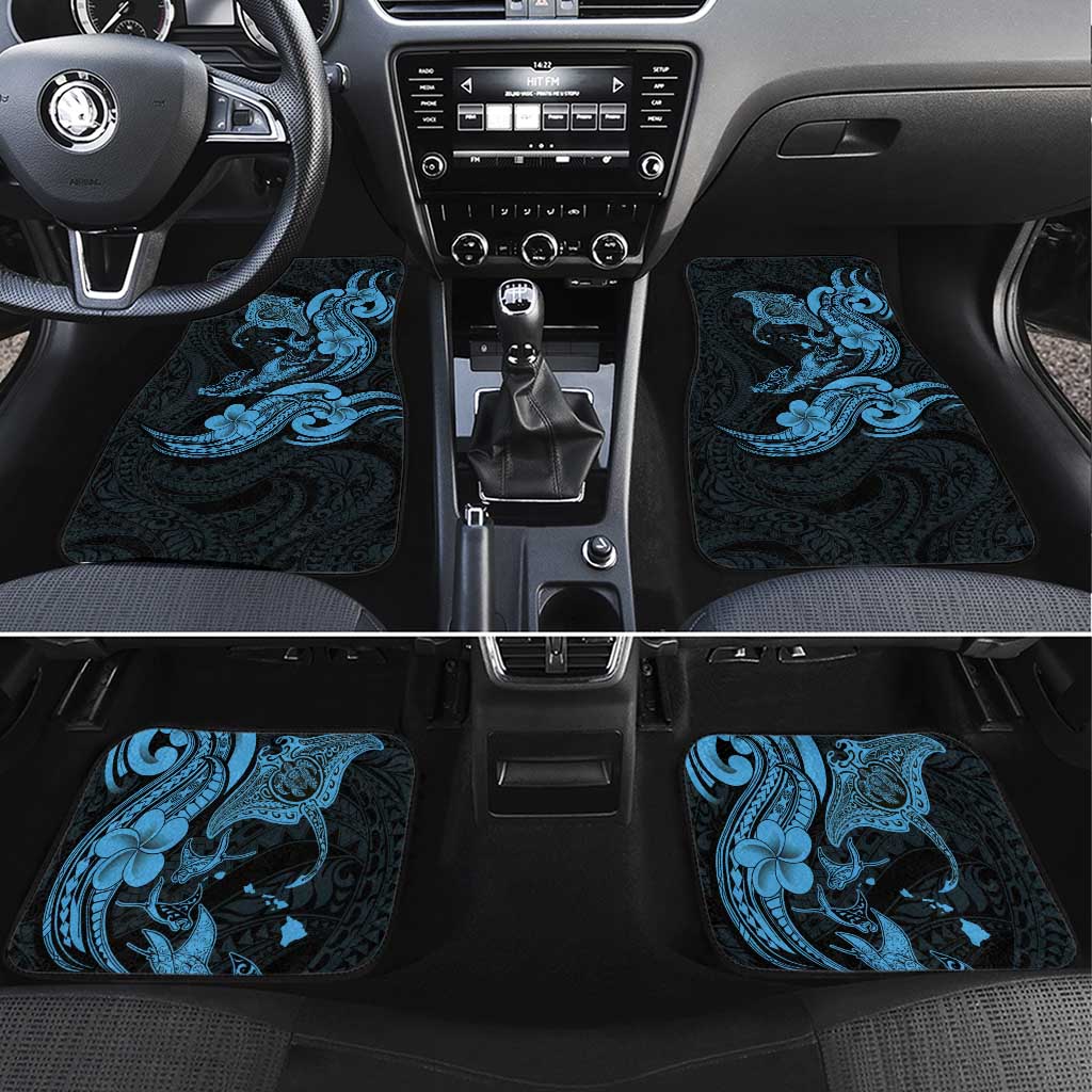 Hawaiian Manta Rays Car Mats Tribal Hibiscus Polynesian Tattoos Blue Color - Polynesian Pride