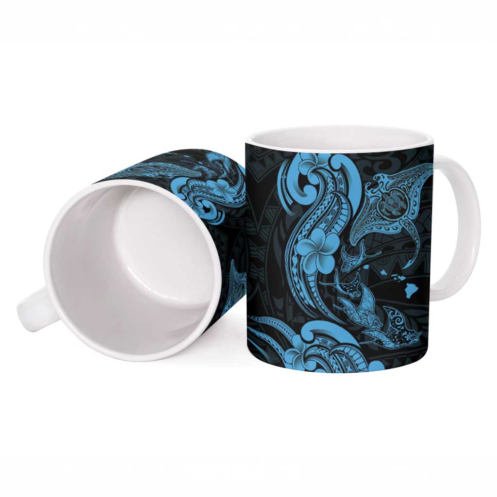 Hawaiian Manta Rays Ceramic Mug Tribal Hibiscus Polynesian Tattoos Blue Color - Polynesian Pride