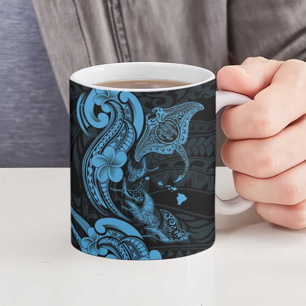 Hawaiian Manta Rays Ceramic Mug Tribal Hibiscus Polynesian Tattoos Blue Color - Polynesian Pride