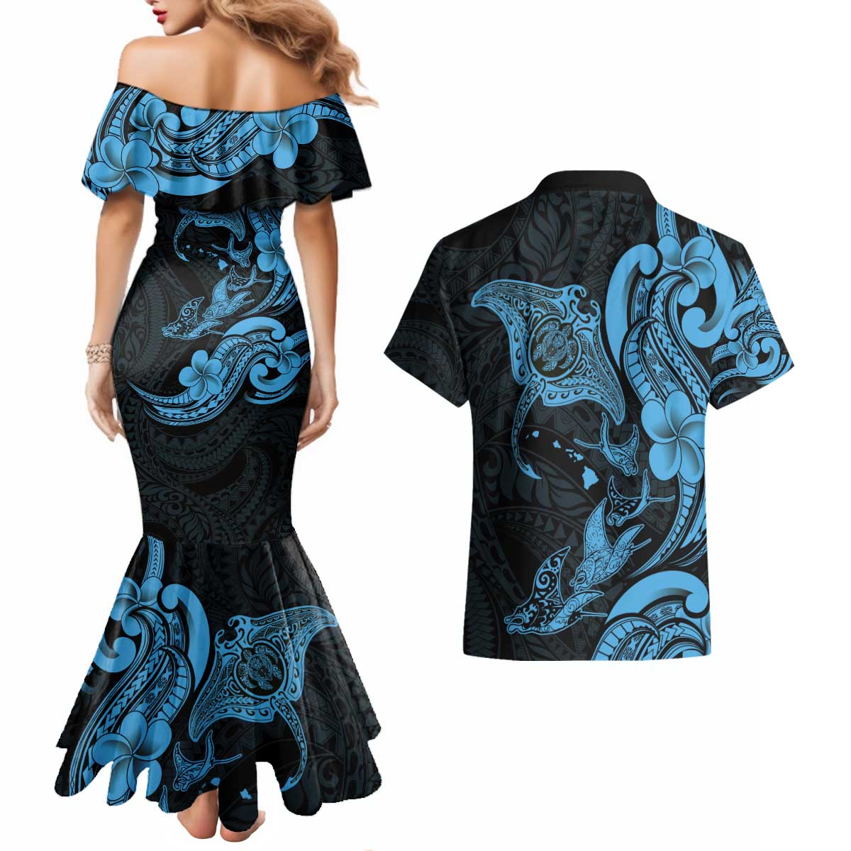 Hawaiian Manta Rays Couples Matching Mermaid Dress and Hawaiian Shirt Tribal Hibiscus Polynesian Tattoos Blue Color - Polynesian Pride