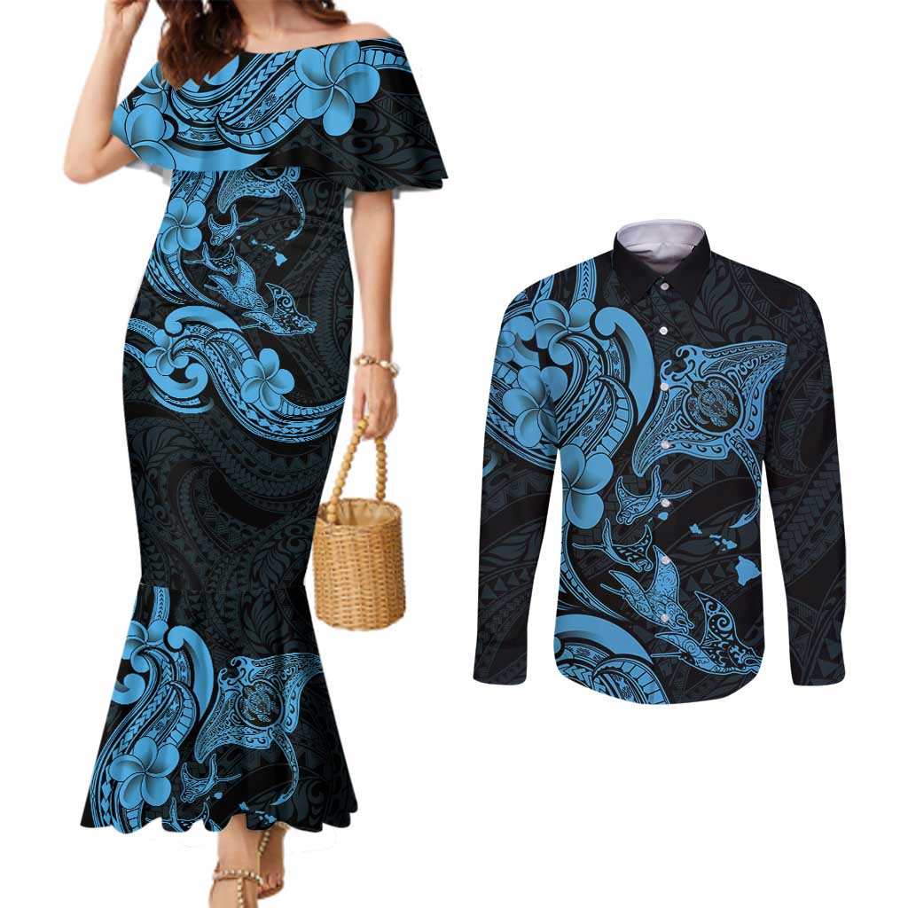 Hawaiian Manta Rays Couples Matching Mermaid Dress and Long Sleeve Button Shirt Tribal Hibiscus Polynesian Tattoos Blue Color - Polynesian Pride