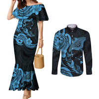 Hawaiian Manta Rays Couples Matching Mermaid Dress and Long Sleeve Button Shirt Tribal Hibiscus Polynesian Tattoos Blue Color - Polynesian Pride