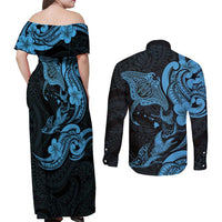 Hawaiian Manta Rays Couples Matching Off Shoulder Maxi Dress and Long Sleeve Button Shirt Tribal Hibiscus Polynesian Tattoos Blue Color - Polynesian Pride