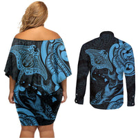 Hawaiian Manta Rays Couples Matching Off Shoulder Short Dress and Long Sleeve Button Shirt Tribal Hibiscus Polynesian Tattoos Blue Color - Polynesian Pride