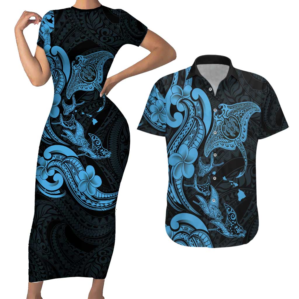 Hawaiian Manta Rays Couples Matching Short Sleeve Bodycon Dress and Hawaiian Shirt Tribal Hibiscus Polynesian Tattoos Blue Color - Polynesian Pride