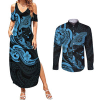 Hawaiian Manta Rays Couples Matching Summer Maxi Dress and Long Sleeve Button Shirt Tribal Hibiscus Polynesian Tattoos Blue Color - Polynesian Pride