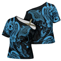 Hawaiian Manta Rays Cross Shoulder Shirt Tribal Hibiscus Polynesian Tattoos Blue Color - Polynesian Pride