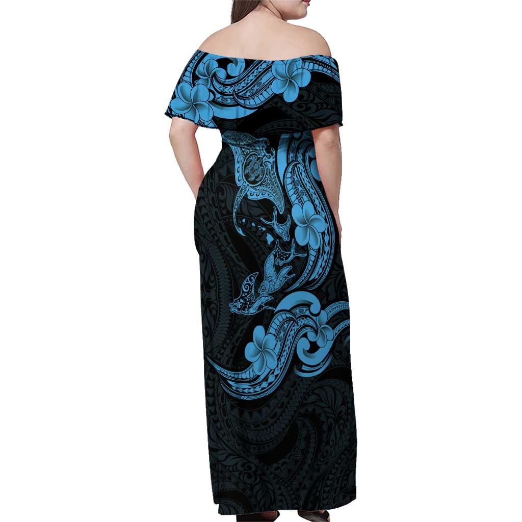 Hawaiian Manta Rays Family Matching Off Shoulder Maxi Dress and Hawaiian Shirt Tribal Hibiscus Polynesian Tattoos Blue Color - Polynesian Pride