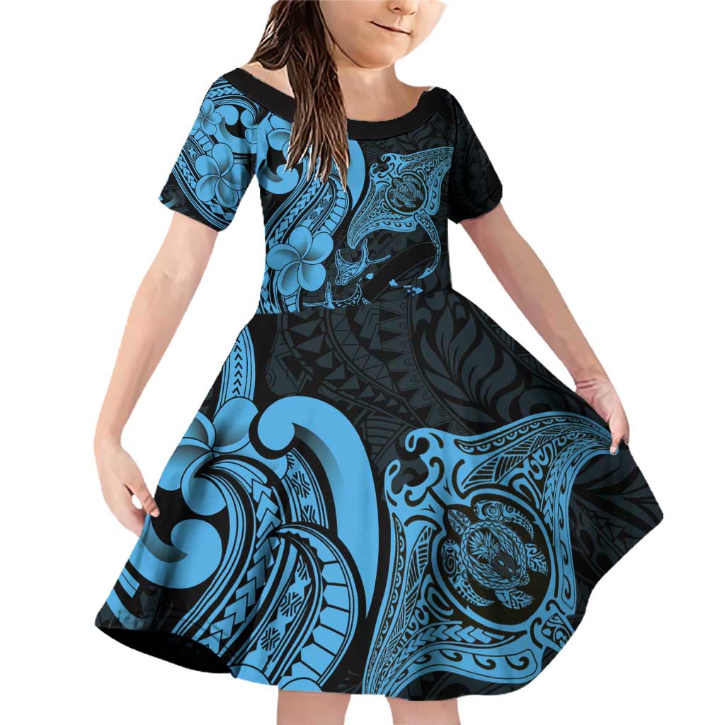 Hawaiian Manta Rays Family Matching Off Shoulder Short Dress and Hawaiian Shirt Tribal Hibiscus Polynesian Tattoos Blue Color - Polynesian Pride
