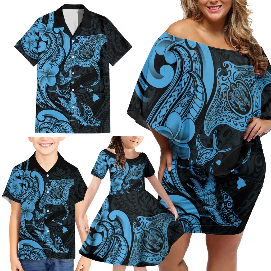 Hawaiian Manta Rays Family Matching Off Shoulder Short Dress and Hawaiian Shirt Tribal Hibiscus Polynesian Tattoos Blue Color - Polynesian Pride