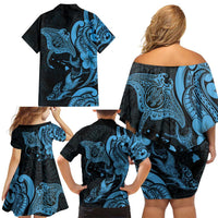 Hawaiian Manta Rays Family Matching Off Shoulder Short Dress and Hawaiian Shirt Tribal Hibiscus Polynesian Tattoos Blue Color - Polynesian Pride