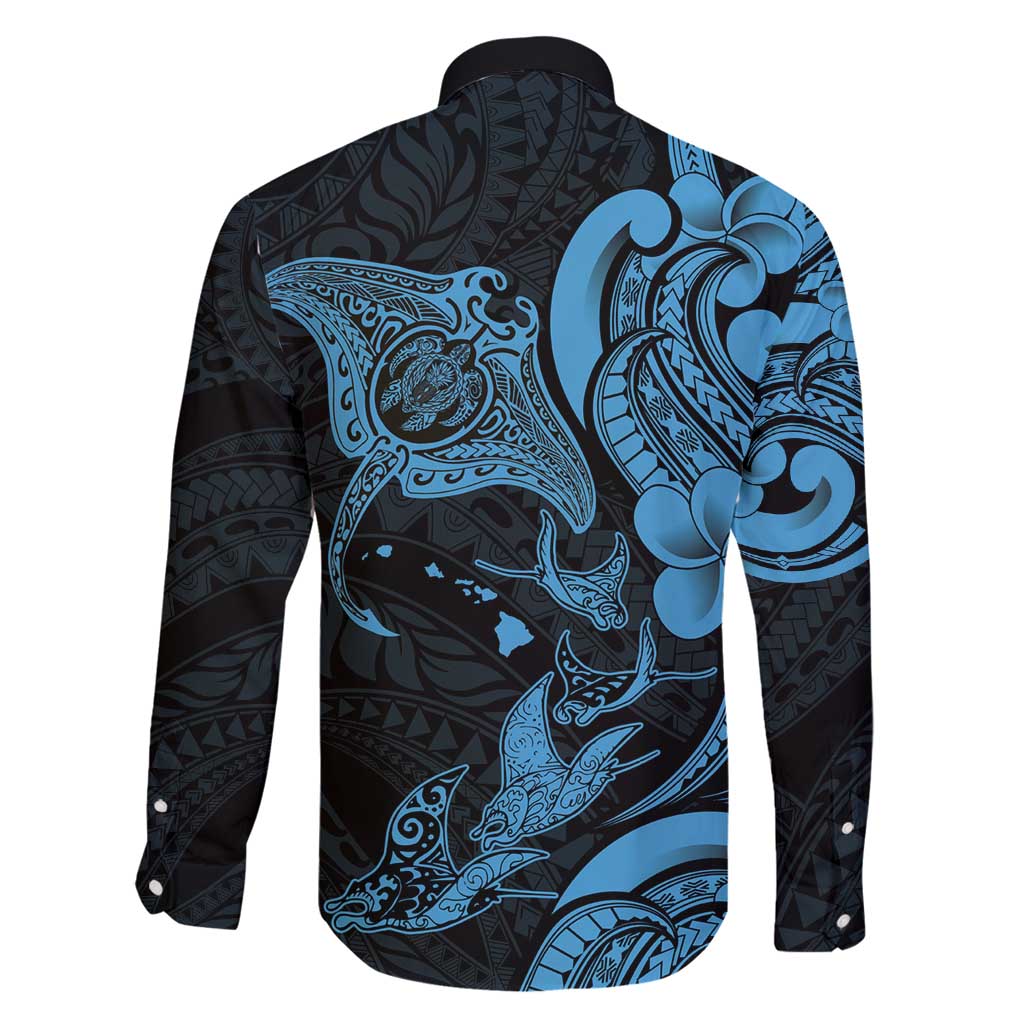 Hawaiian Manta Rays Family Matching Puletasi and Hawaiian Shirt Tribal Hibiscus Polynesian Tattoos Blue Color - Polynesian Pride