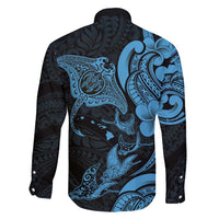 Hawaiian Manta Rays Family Matching Summer Maxi Dress and Hawaiian Shirt Tribal Hibiscus Polynesian Tattoos Blue Color - Polynesian Pride