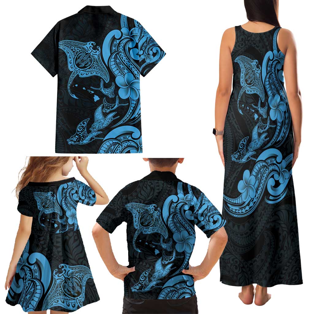 Hawaiian Manta Rays Family Matching Tank Maxi Dress and Hawaiian Shirt Tribal Hibiscus Polynesian Tattoos Blue Color - Polynesian Pride