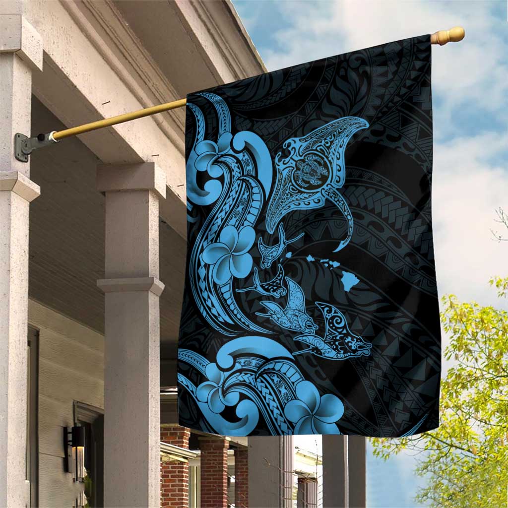 Hawaiian Manta Rays Garden Flag Tribal Hibiscus Polynesian Tattoos Blue Color - Polynesian Pride