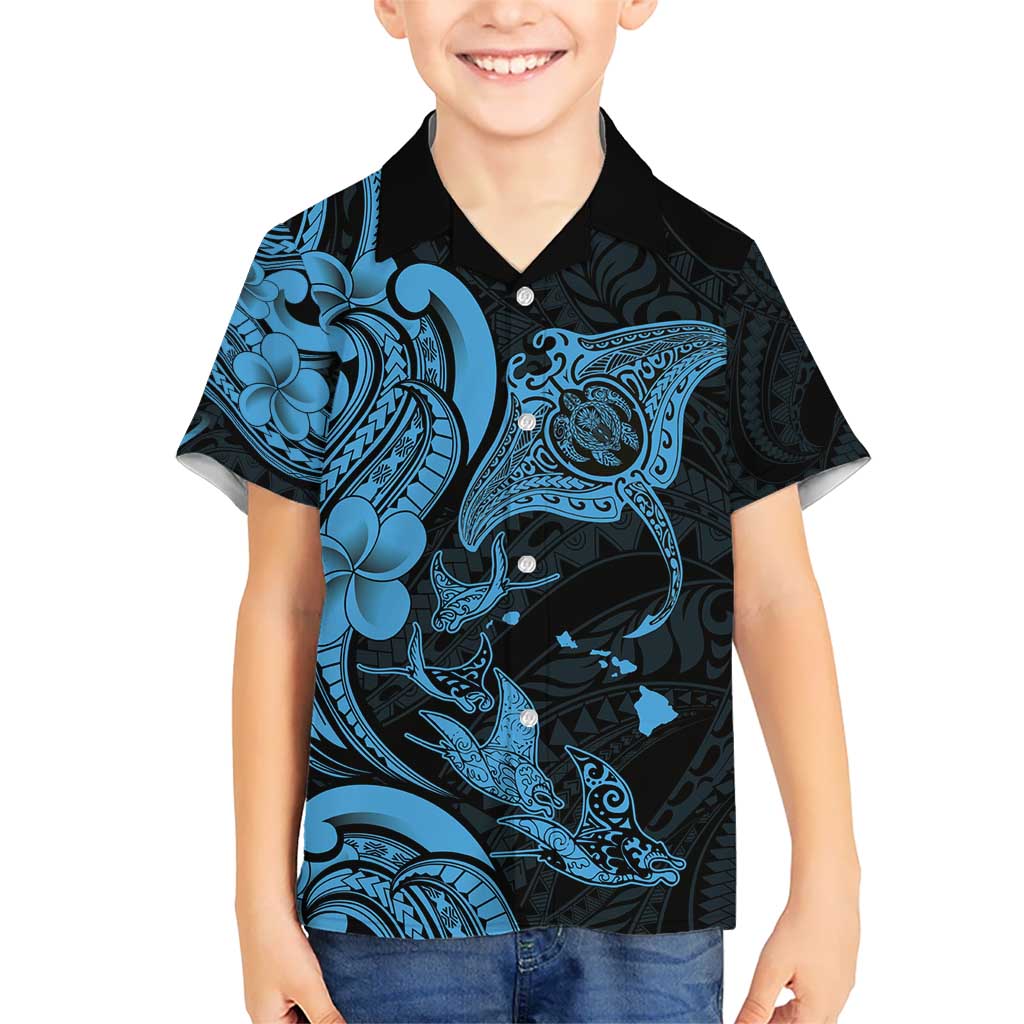 Hawaiian Manta Rays Hawaiian Shirt Tribal Hibiscus Polynesian Tattoos Blue Color - Polynesian Pride