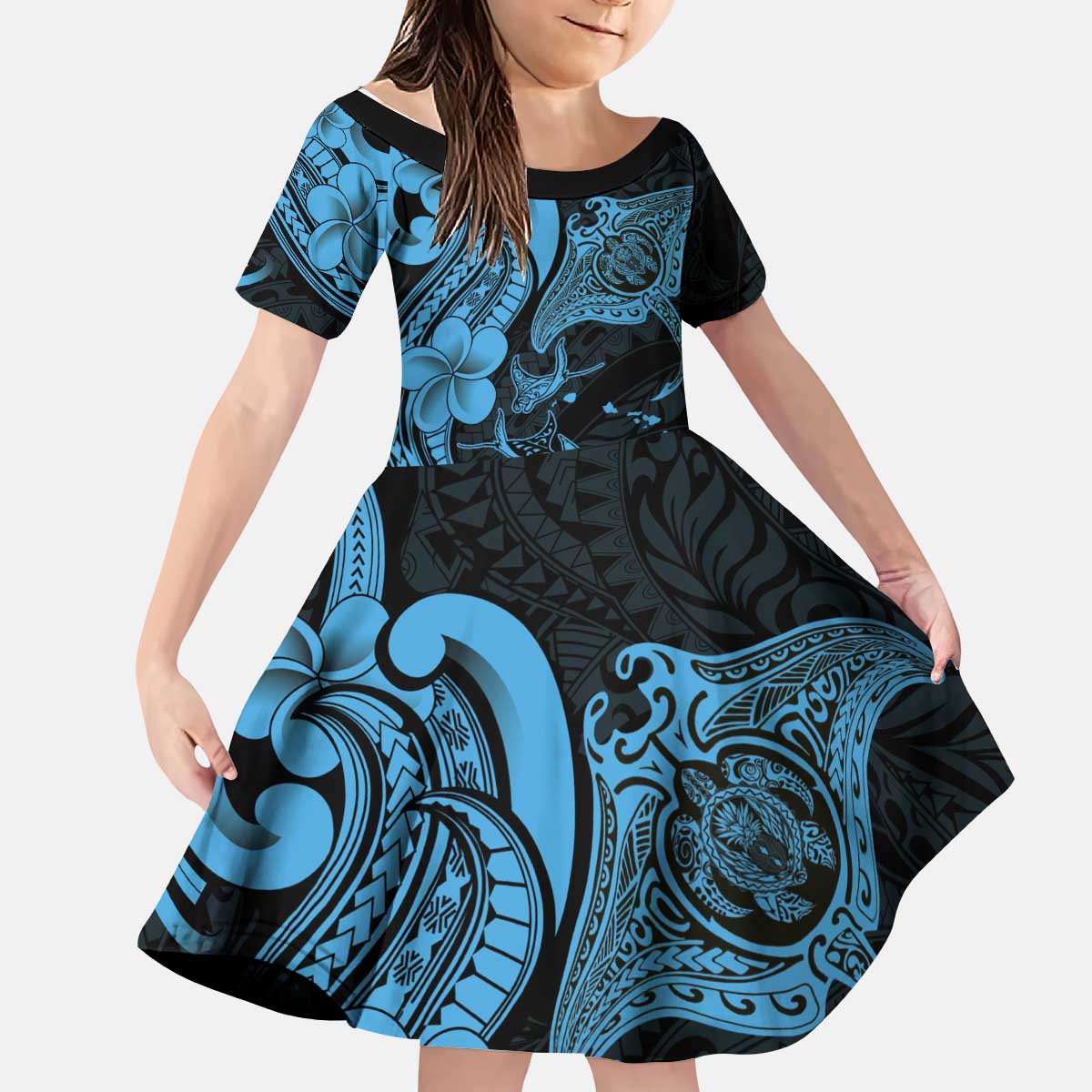 Hawaiian Manta Rays Kid Short Sleeve Dress Tribal Hibiscus Polynesian Tattoos Blue Color - Polynesian Pride