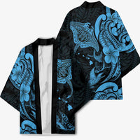 Hawaiian Manta Rays Kimono Tribal Hibiscus Polynesian Tattoos Blue Color - Polynesian Pride