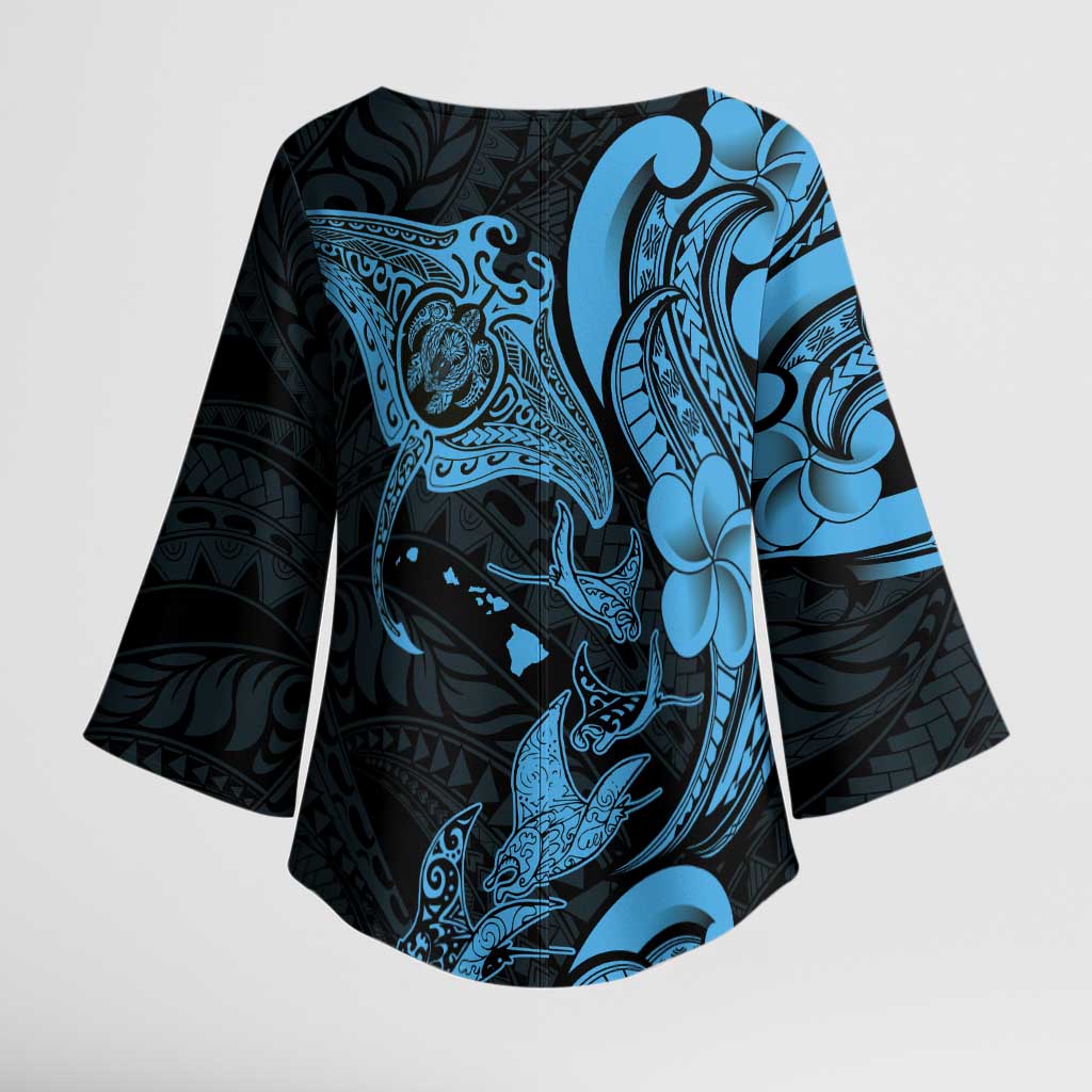 Hawaiian Manta Rays Kimono Sleeve Blouse Tribal Hibiscus Polynesian Tattoos Blue Color - Polynesian Pride