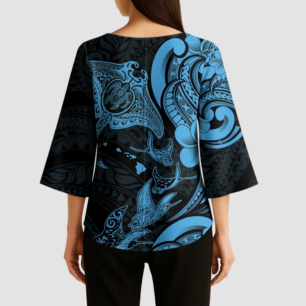 Hawaiian Manta Rays Kimono Sleeve Blouse Tribal Hibiscus Polynesian Tattoos Blue Color - Polynesian Pride