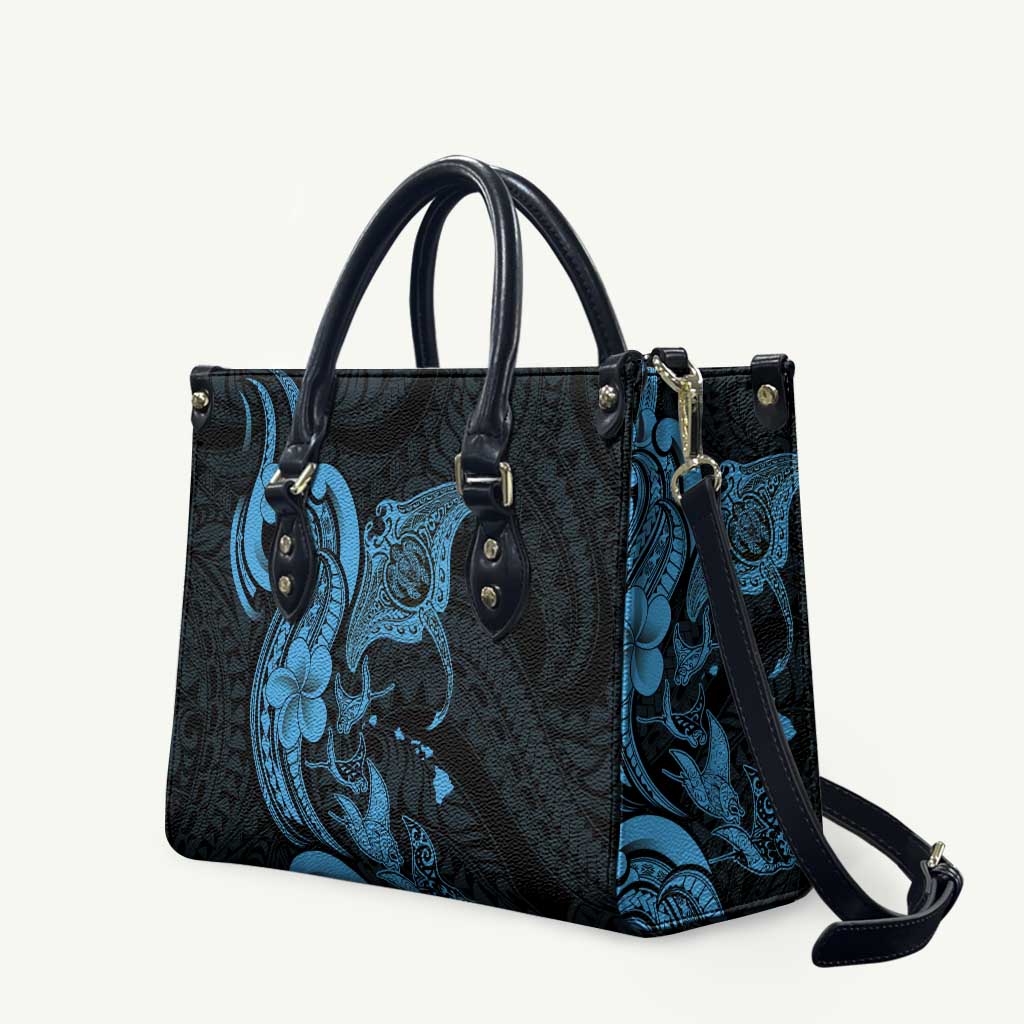 Hawaiian Manta Rays Leather Bag Tribal Hibiscus Polynesian Tattoos Blue Color - Polynesian Pride