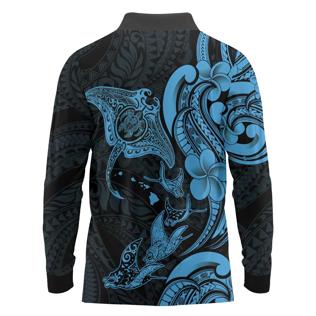 Hawaiian Manta Rays Long Sleeve Polo Shirt Tribal Hibiscus Polynesian Tattoos Blue Color - Polynesian Pride