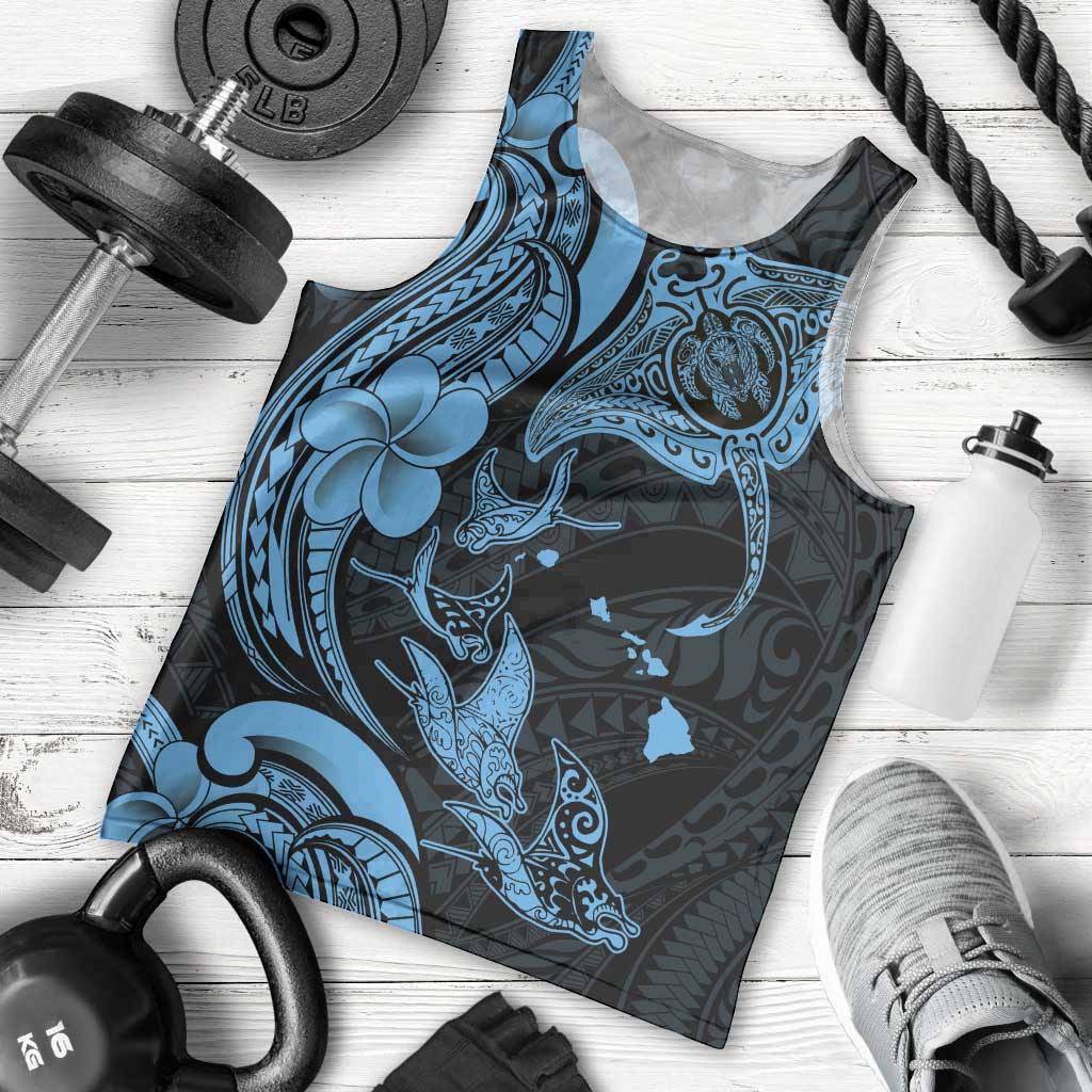 Hawaiian Manta Rays Men Tank Top Tribal Hibiscus Polynesian Tattoos Blue Color - Polynesian Pride