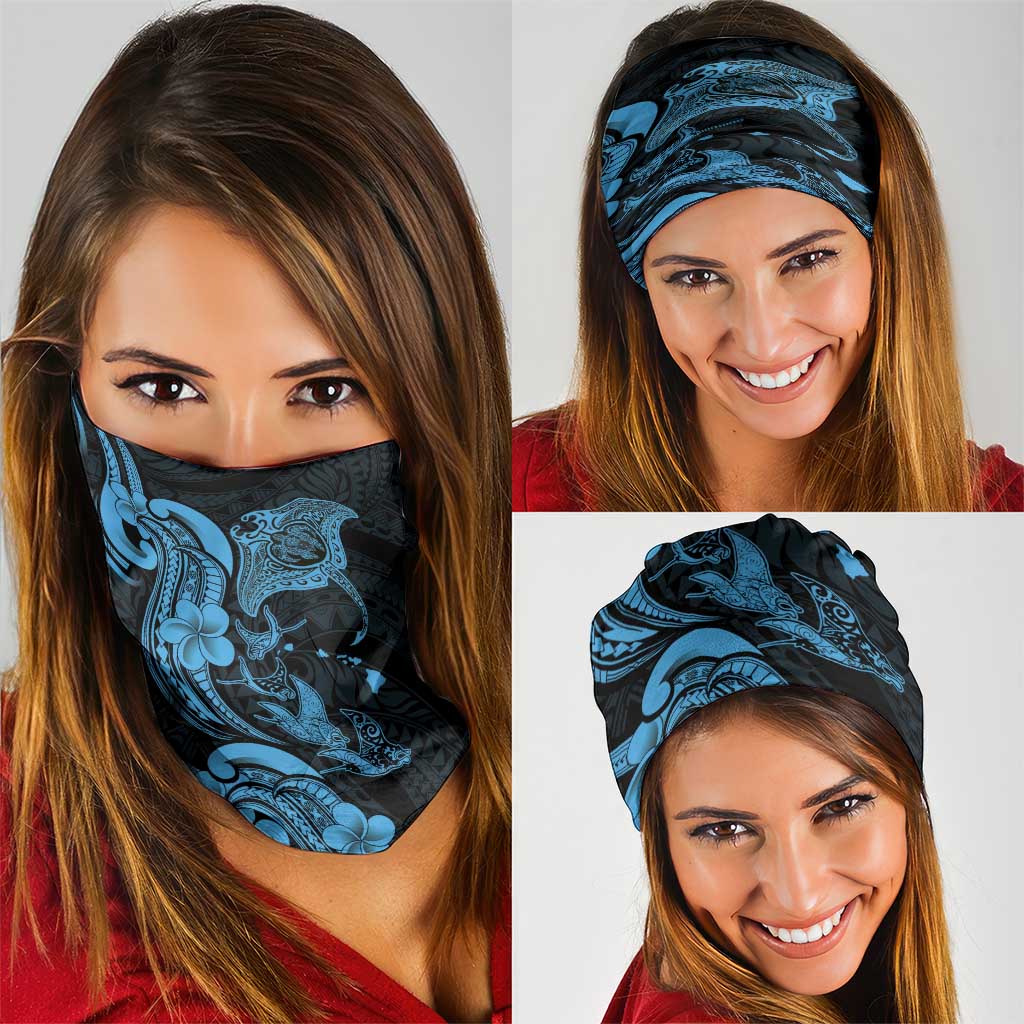 Hawaiian Manta Rays Neck Gaiter Tribal Hibiscus Polynesian Tattoos Blue Color - Polynesian Pride