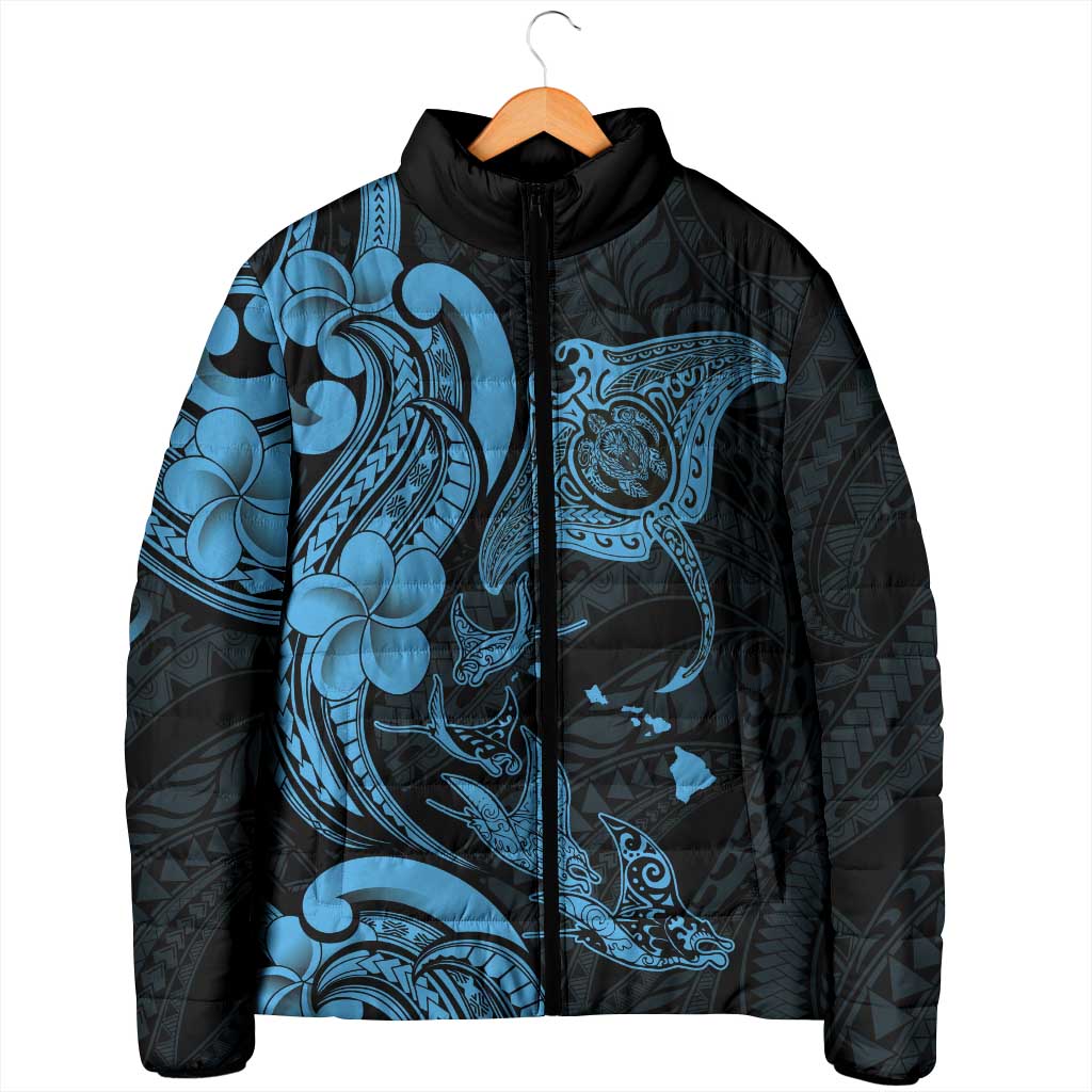 Hawaiian Manta Rays Padded Jacket Tribal Hibiscus Polynesian Tattoos Blue Color - Polynesian Pride