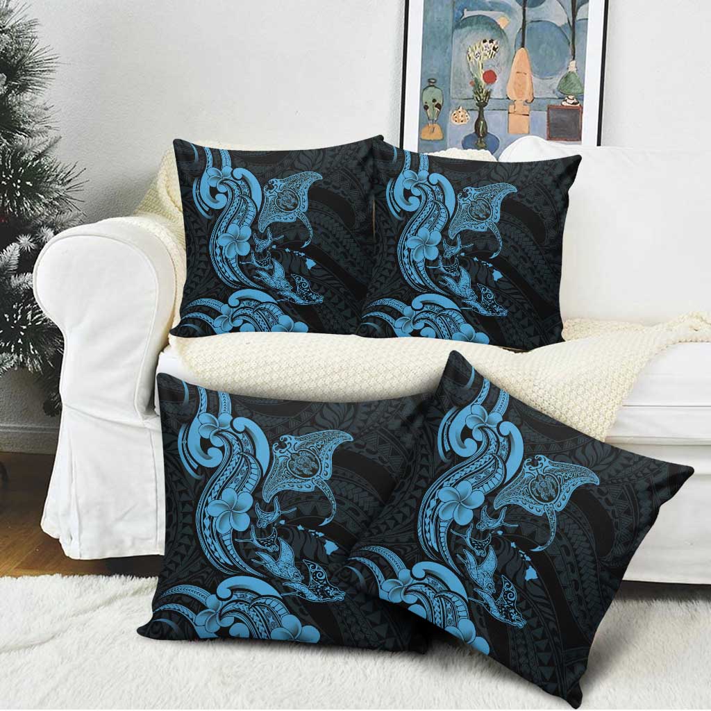 Hawaiian Manta Rays Pillow Cover Tribal Hibiscus Polynesian Tattoos Blue Color - Polynesian Pride