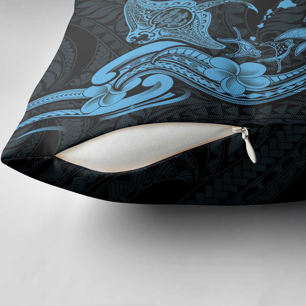 Hawaiian Manta Rays Pillow Cover Tribal Hibiscus Polynesian Tattoos Blue Color - Polynesian Pride