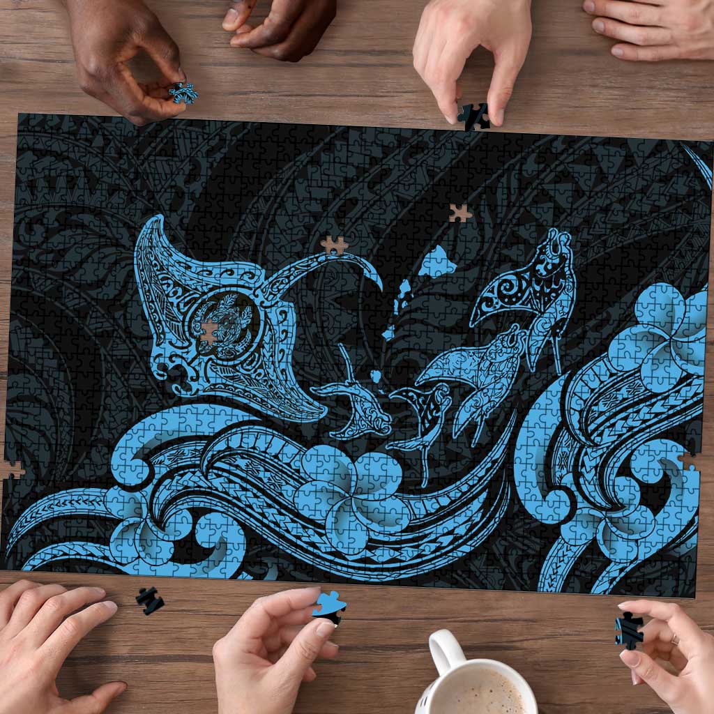 Hawaiian Manta Rays Puzzle Tribal Hibiscus Polynesian Tattoos Blue Color - Polynesian Pride