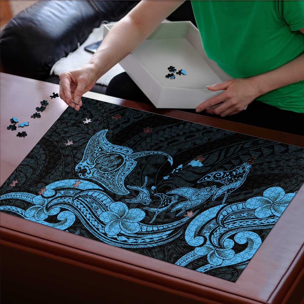 Hawaiian Manta Rays Puzzle Tribal Hibiscus Polynesian Tattoos Blue Color - Polynesian Pride