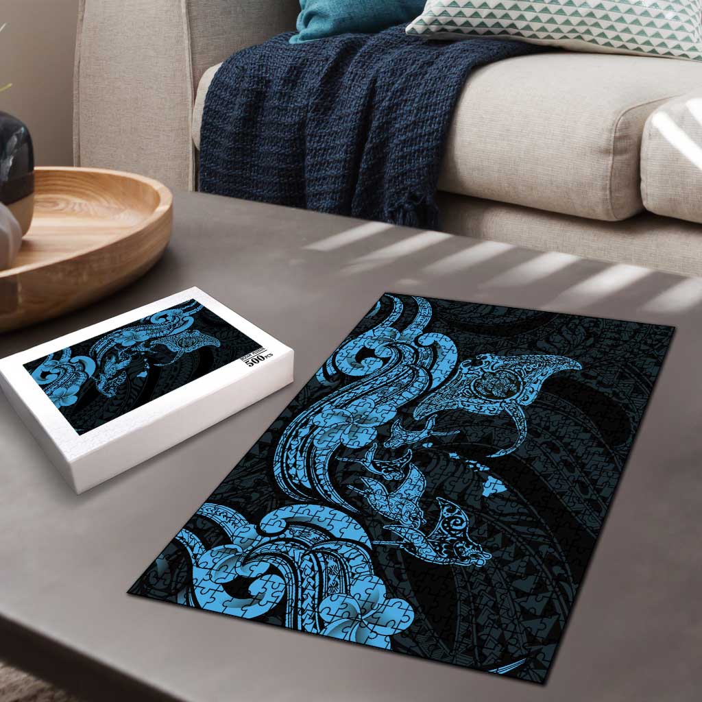 Hawaiian Manta Rays Puzzle Tribal Hibiscus Polynesian Tattoos Blue Color - Polynesian Pride