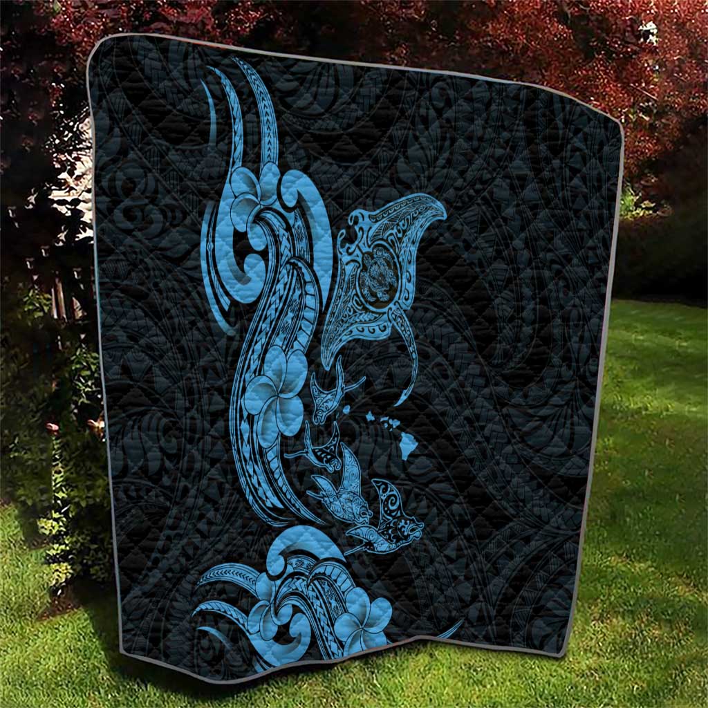 Hawaiian Manta Rays Quilt Tribal Hibiscus Polynesian Tattoos Blue Color - Polynesian Pride
