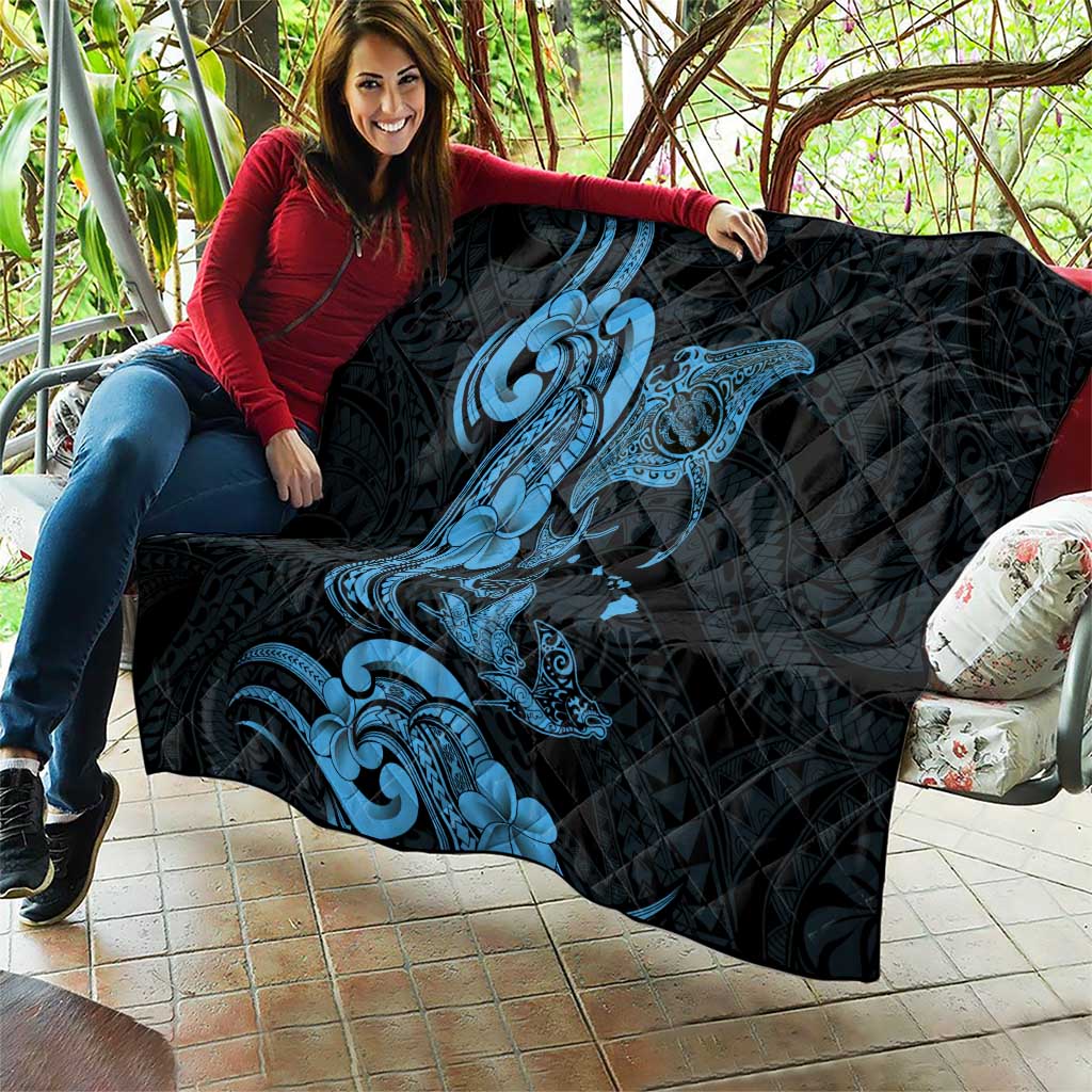 Hawaiian Manta Rays Quilt Tribal Hibiscus Polynesian Tattoos Blue Color - Polynesian Pride