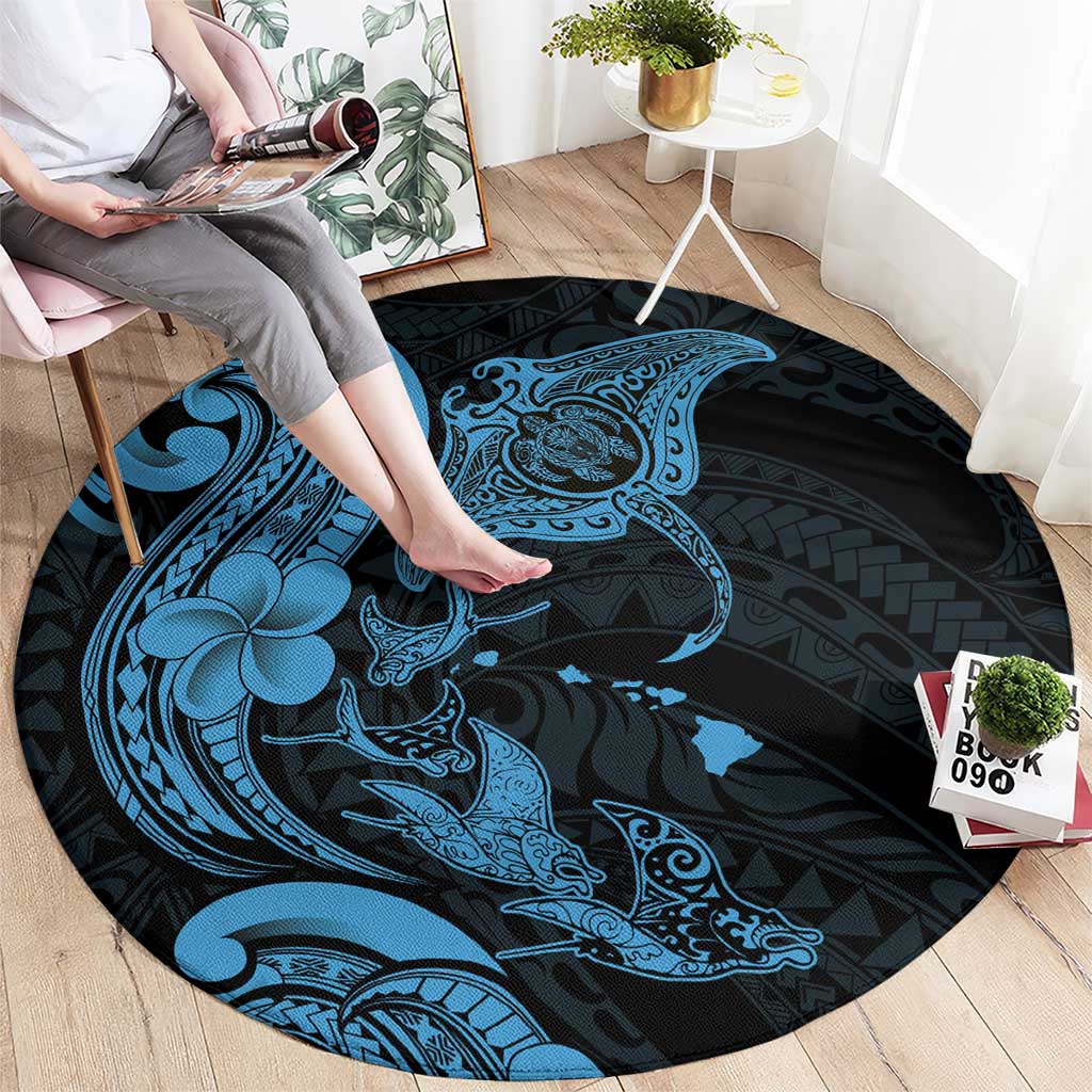 Hawaiian Manta Rays Round Carpet Tribal Hibiscus Polynesian Tattoos Blue Color - Polynesian Pride