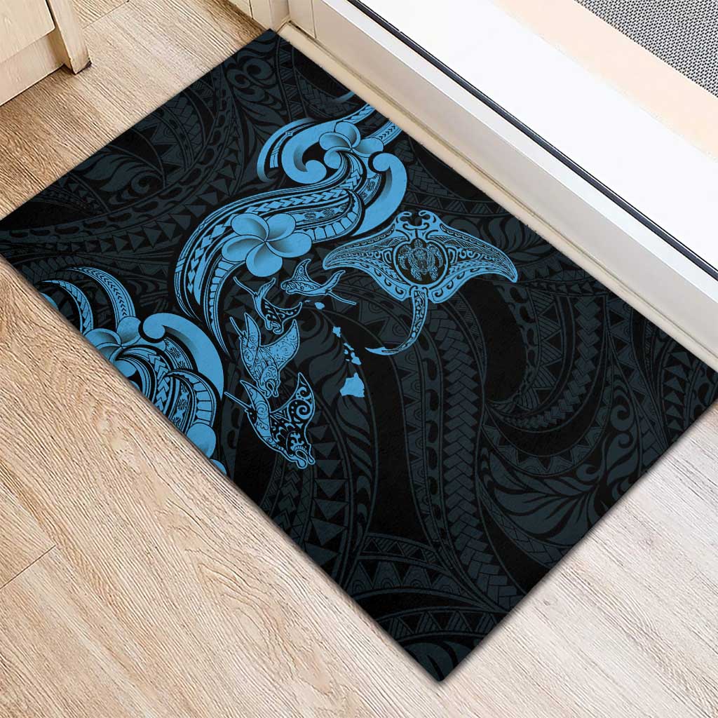Hawaiian Manta Rays Rubber Doormat Tribal Hibiscus Polynesian Tattoos Blue Color - Polynesian Pride