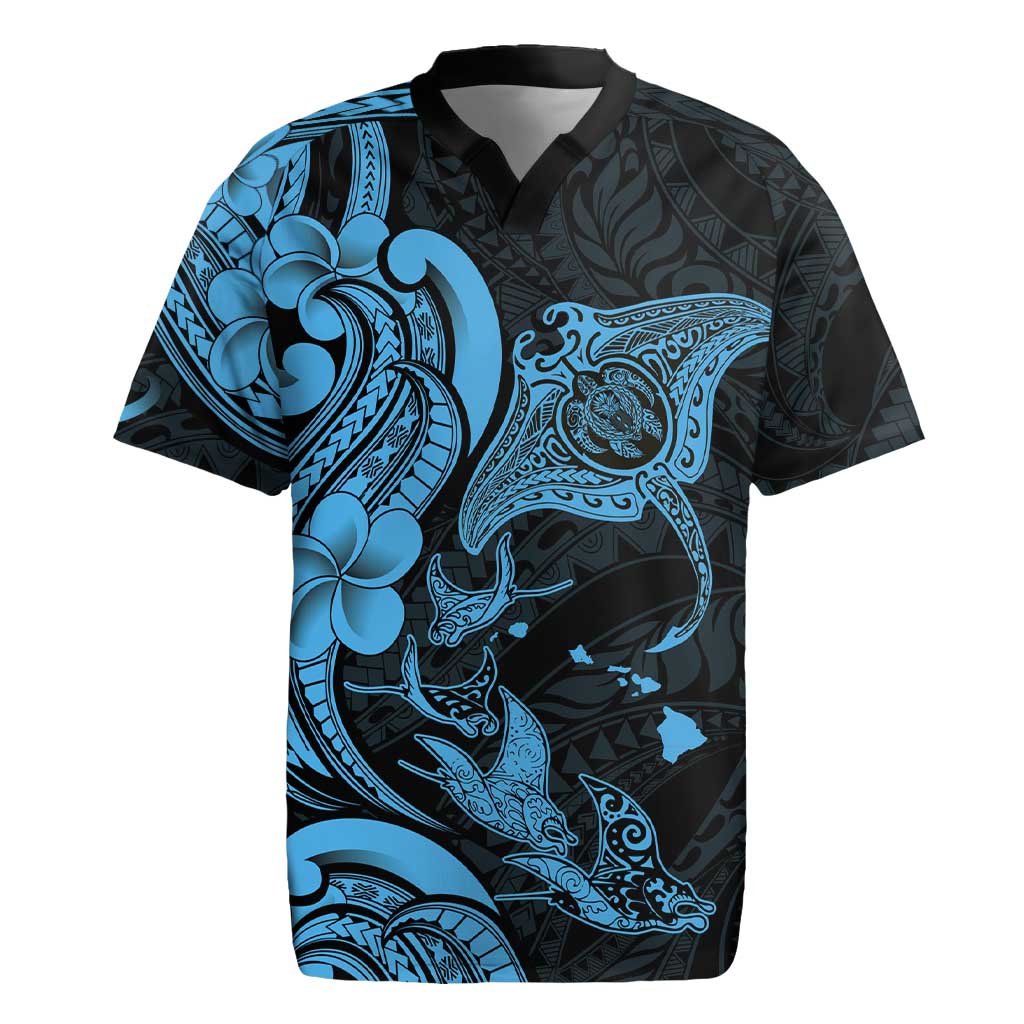 Hawaiian Manta Rays Rugby Jersey Tribal Hibiscus Polynesian Tattoos Blue Color - Polynesian Pride