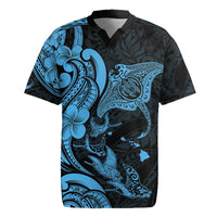 Hawaiian Manta Rays Rugby Jersey Tribal Hibiscus Polynesian Tattoos Blue Color - Polynesian Pride