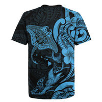 Hawaiian Manta Rays Rugby Jersey Tribal Hibiscus Polynesian Tattoos Blue Color - Polynesian Pride