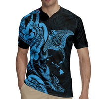 Hawaiian Manta Rays Rugby Jersey Tribal Hibiscus Polynesian Tattoos Blue Color - Polynesian Pride